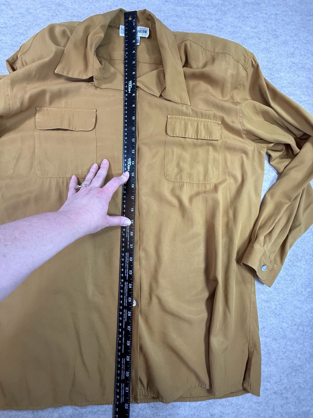 Vintage dress barn Yellow mustard Long Sleeve Button Up Shirt with Pockets shoulder pads 11