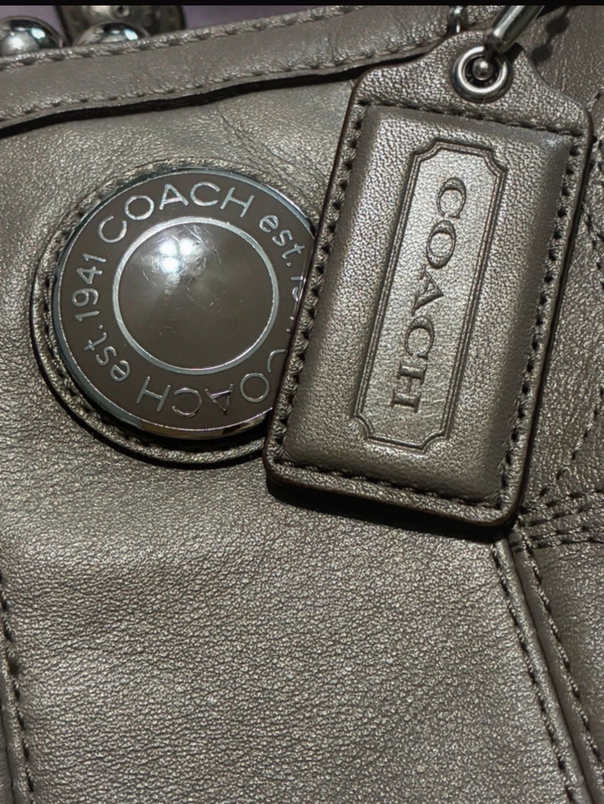 Coach Signature Stitched Kisslock Tote Bag Pewter Metallic 3