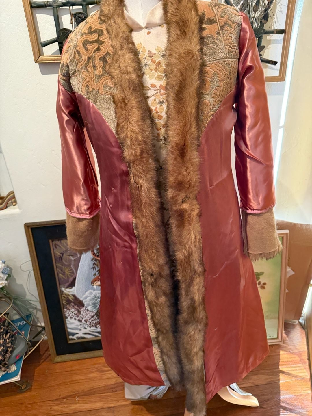 Penny Lane Vintage Faux Fur Coat with Jacquard Pattern and Fur Trim  Sz M Y2K Fairycore  14