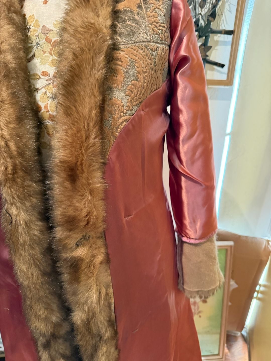 Penny Lane Vintage Faux Fur Coat with Jacquard Pattern and Fur Trim  Sz M Y2K Fairycore  21