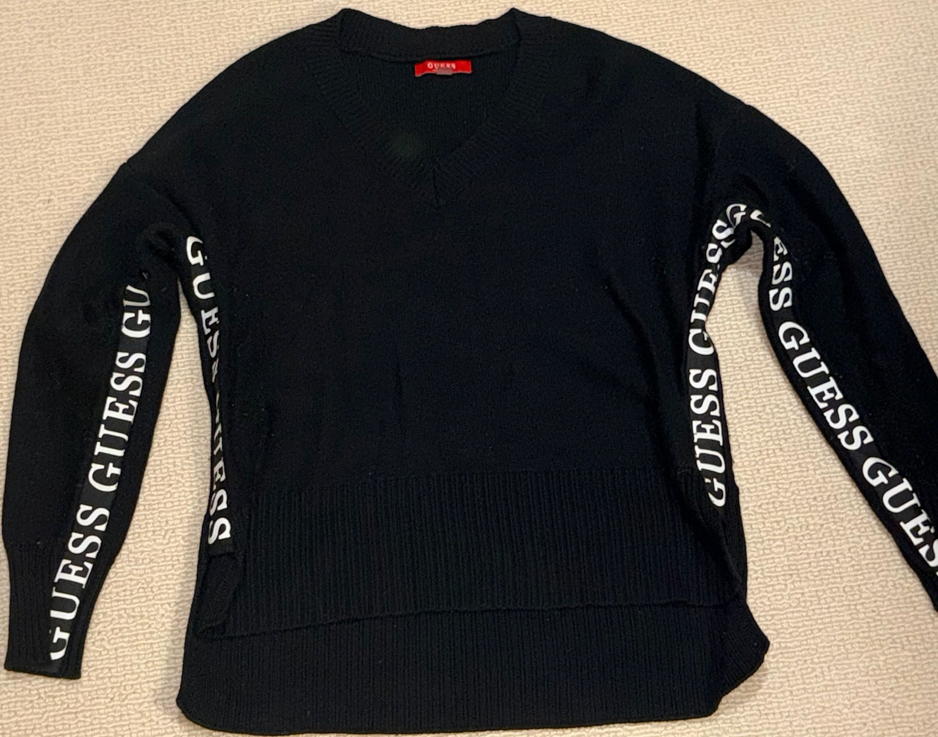 Guess Black V-Neck Sweater with Logo Sleeves 2