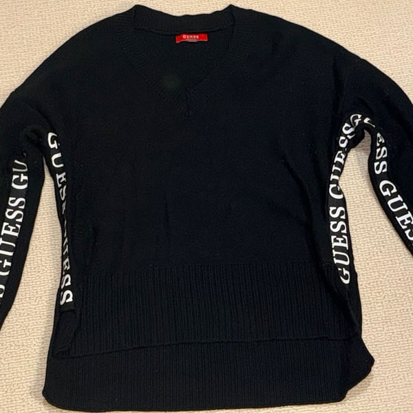 Guess Black V-Neck Sweater with Logo Sleeves