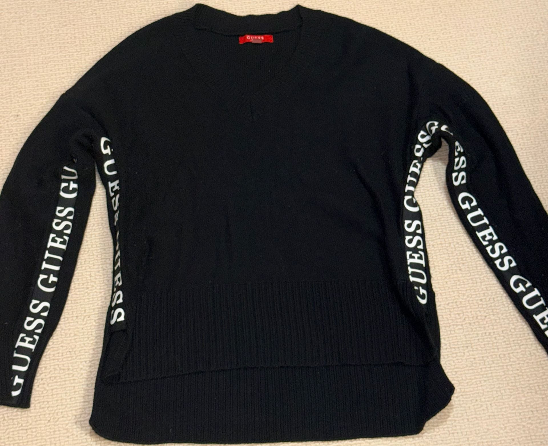 Guess Black V-Neck Sweater with Logo Sleeves 4