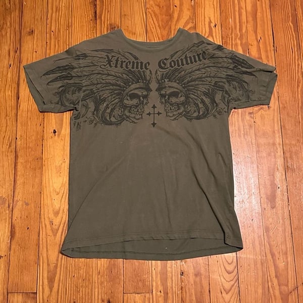 Xtreme Couture Skull Cross Chief T-Shirt Olive Green Y2K Grunge