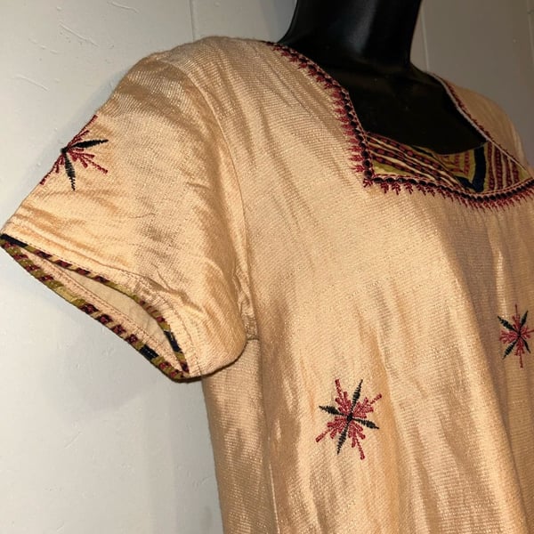 Vintage Gold Silk Embroidered Boho Tunic Dress with Star Motif and Side Slits
