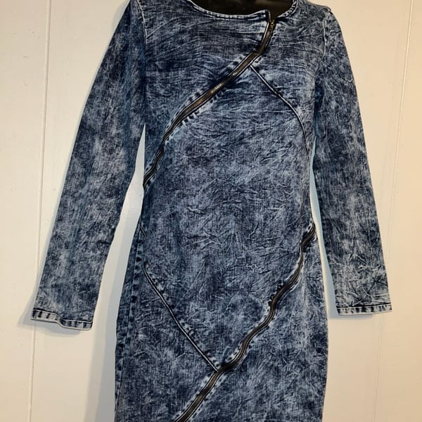 Unbranded Acid Wash Denim Dress with Zipper Detail Long Sleeve Mini Dress