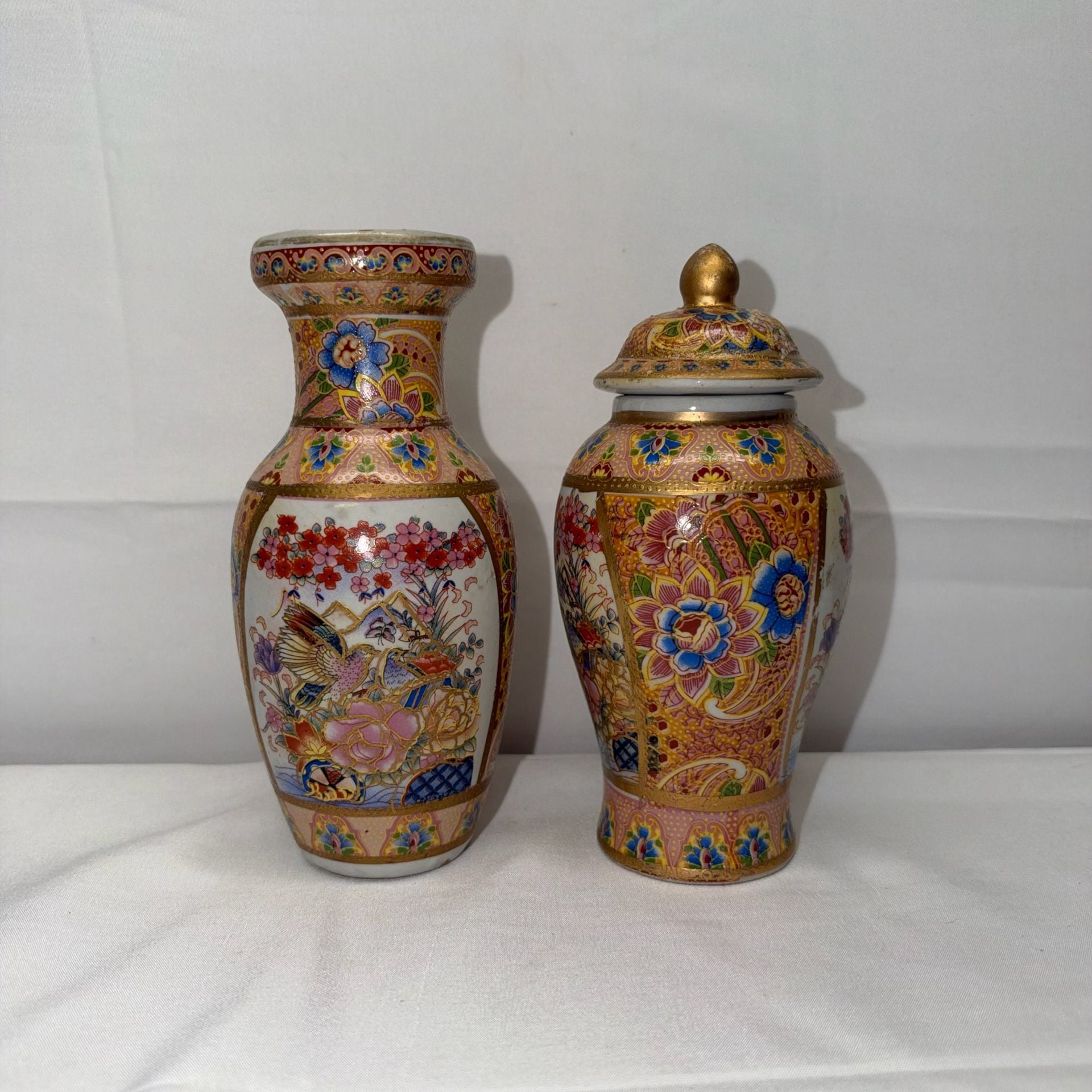 Vintage Satsuma Style Hand Painted Porcelain Vase and Lidded Urn Set 1