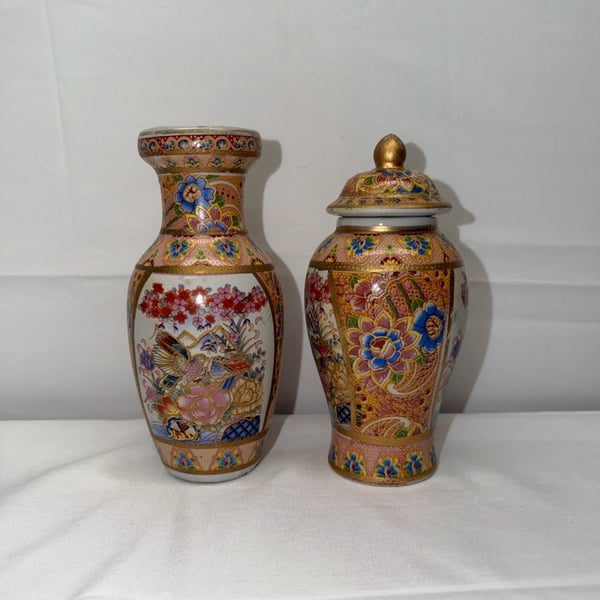Vintage Satsuma Style Hand Painted Porcelain Vase and Lidded Urn Set