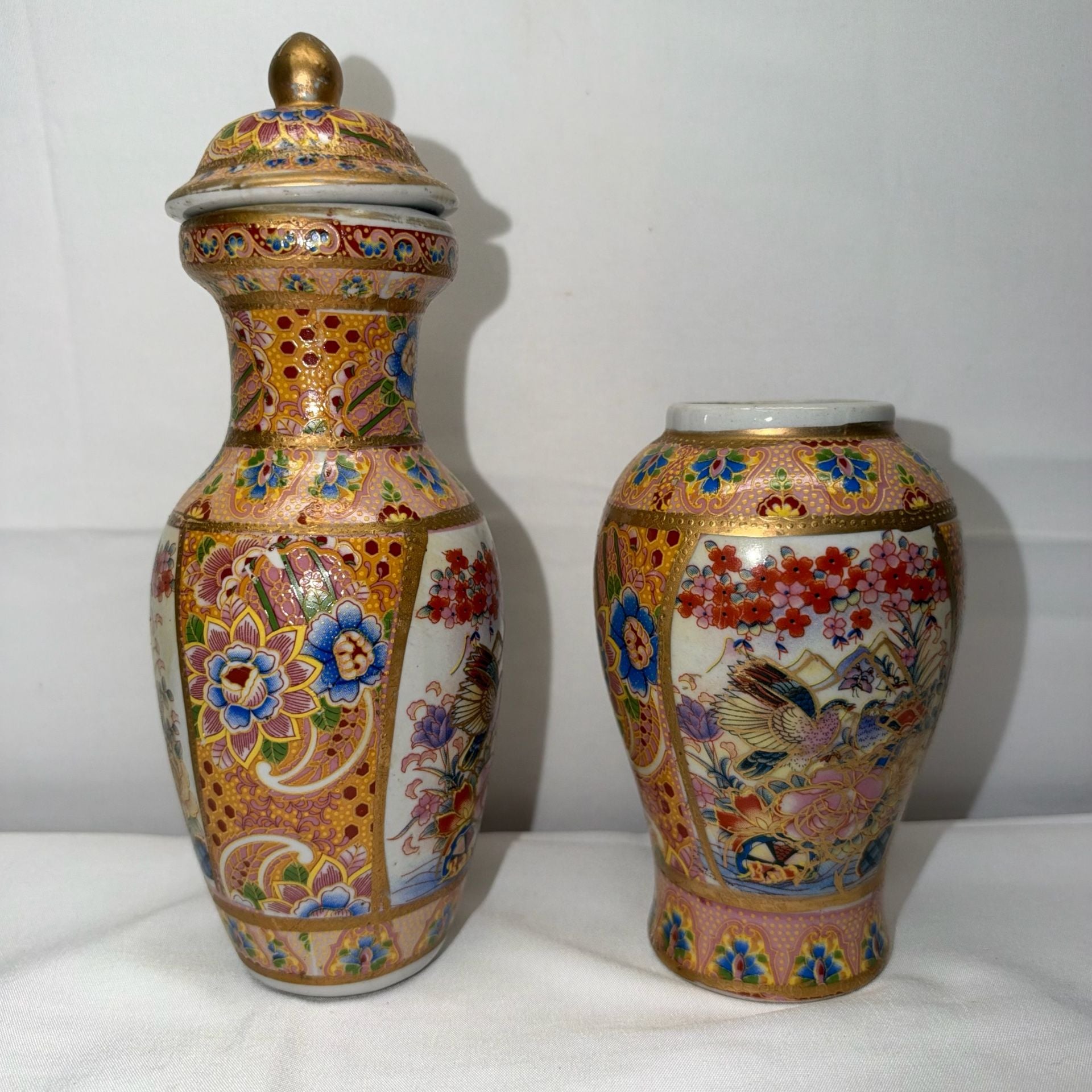 Vintage Satsuma Style Hand Painted Porcelain Vase and Lidded Urn Set 2