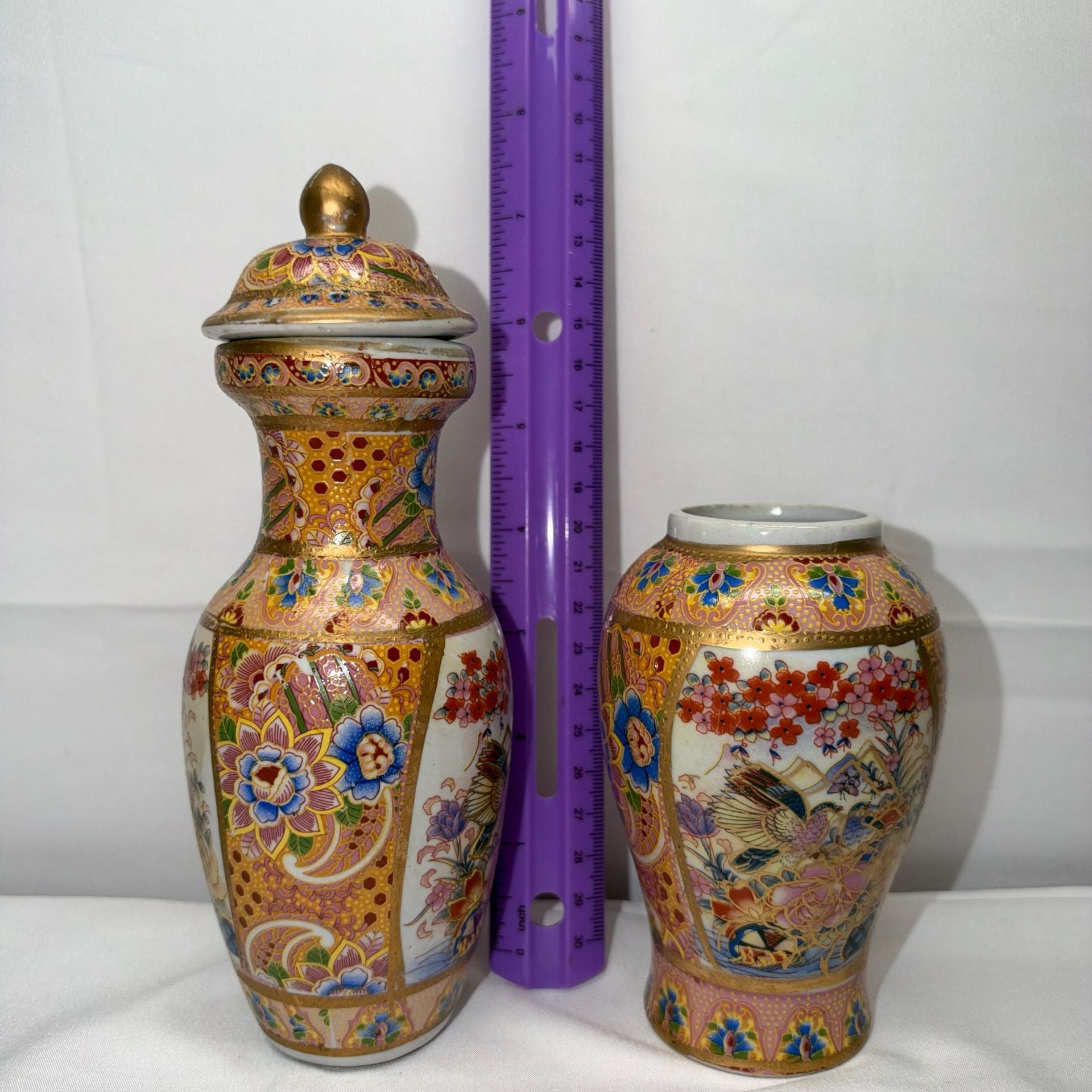 Vintage Satsuma Style Hand Painted Porcelain Vase and Lidded Urn Set 3