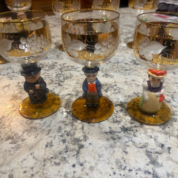 6 Vintage Goebel Hummel Figurine Cordial Wine Glasses