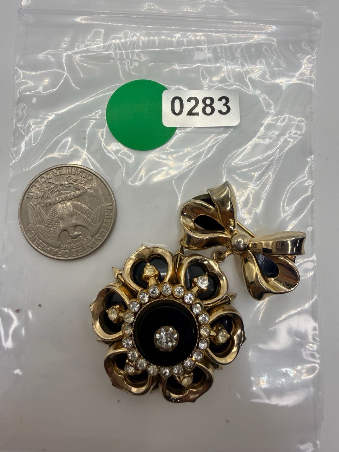 Coro Flower Bow Rhinestone Black Enamel Brooch Pin 3