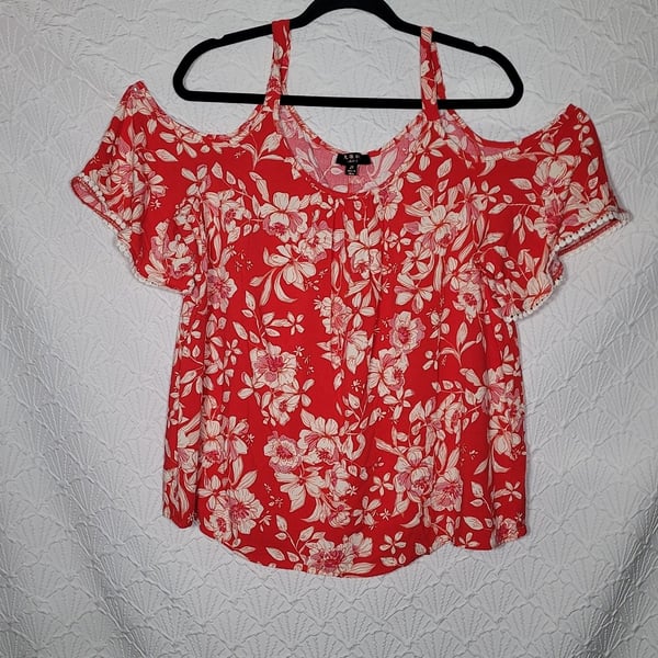 A.U.W. Lainy Floral Cold Shoulder Top Size 2X Red White Rayon Blouse