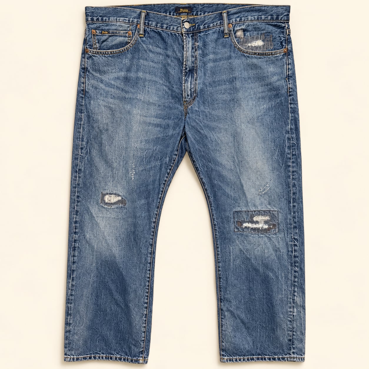 Polo Ralph Lauren Varick 42x30 Distressed Patchwork Slim Straight Jeans 2