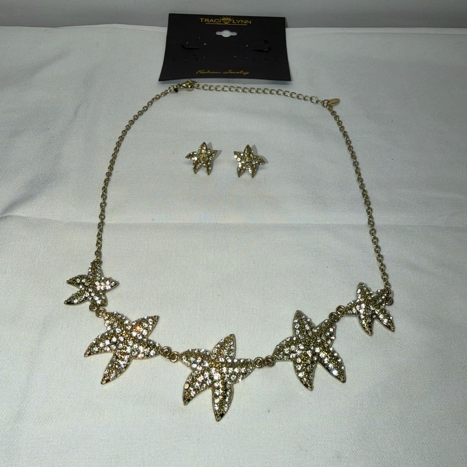 Traci Lynn Starfish Necklace & Earrings Set Gold Tone Crystal 2