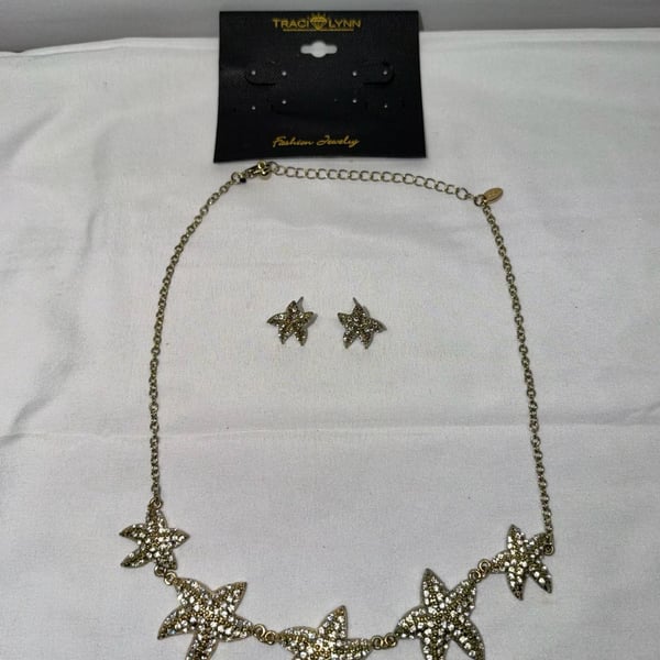 Traci Lynn Starfish Necklace & Earrings Set Gold Tone Crystal