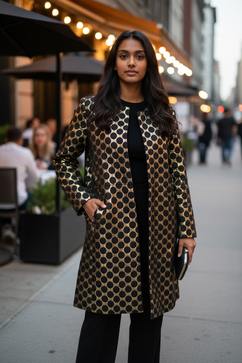 Black Label by Chico's Black Gold Polka Dot Evening Coat Size 2 2