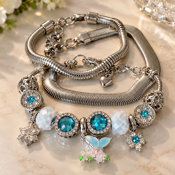 Pandora Style Silver Charm Bracelet with Blue Crystal and Bead Charms Set of 3