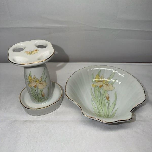 Cameron Japan Iris Butterfly Porcelain Toothbrush Holder & Dish Set