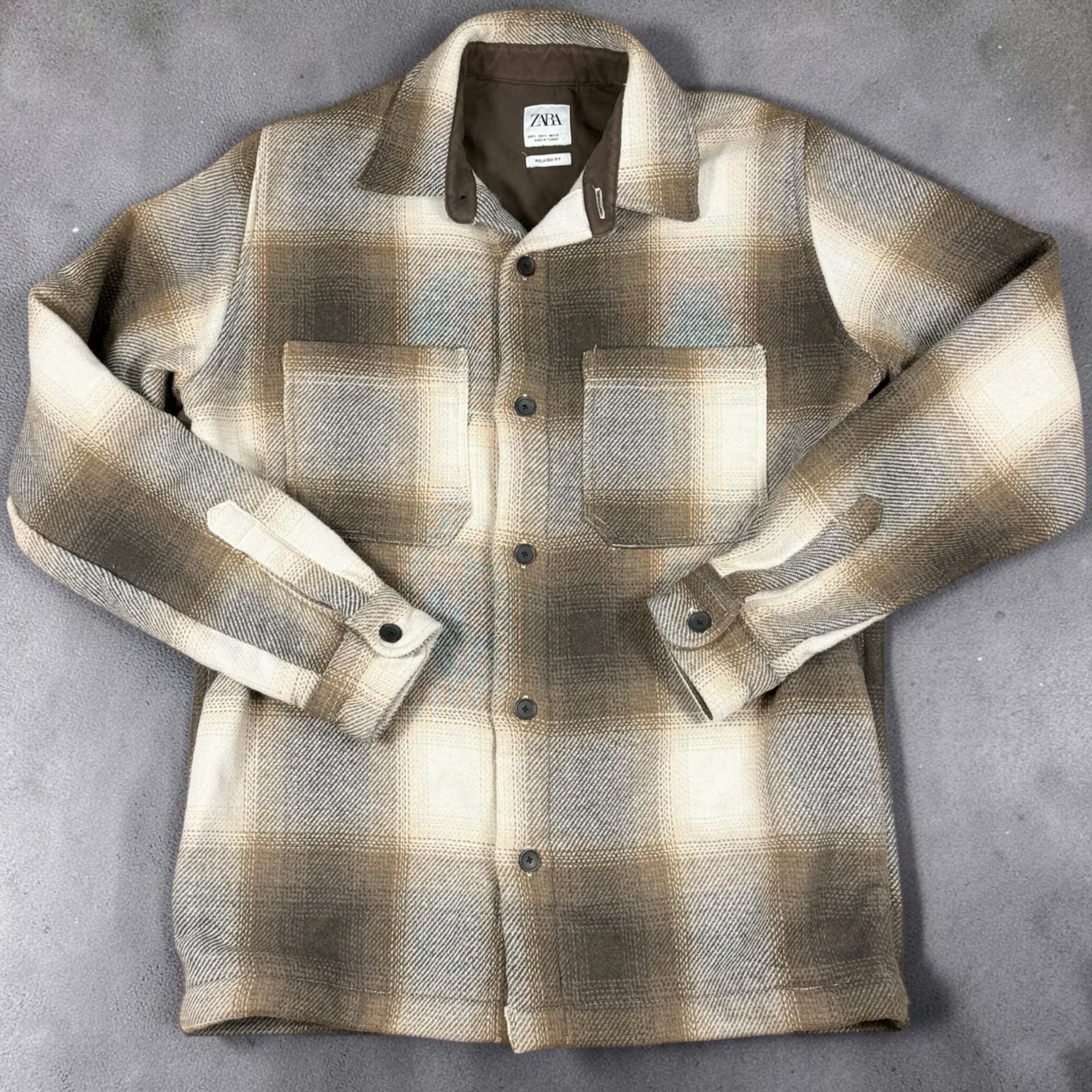 Mens Zara Plaid Flannel Overshirt Size Large Brown Tan Long Sleeve Button Up 2