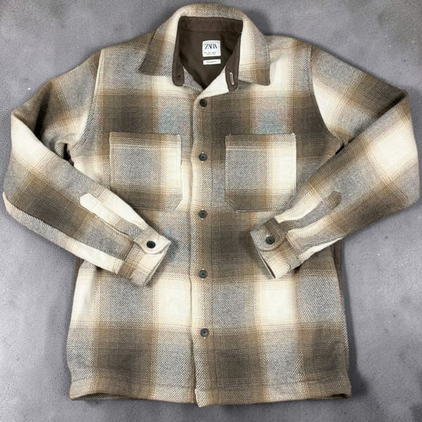 Mens Zara Plaid Flannel Overshirt Size Large Brown Tan Long Sleeve Button Up