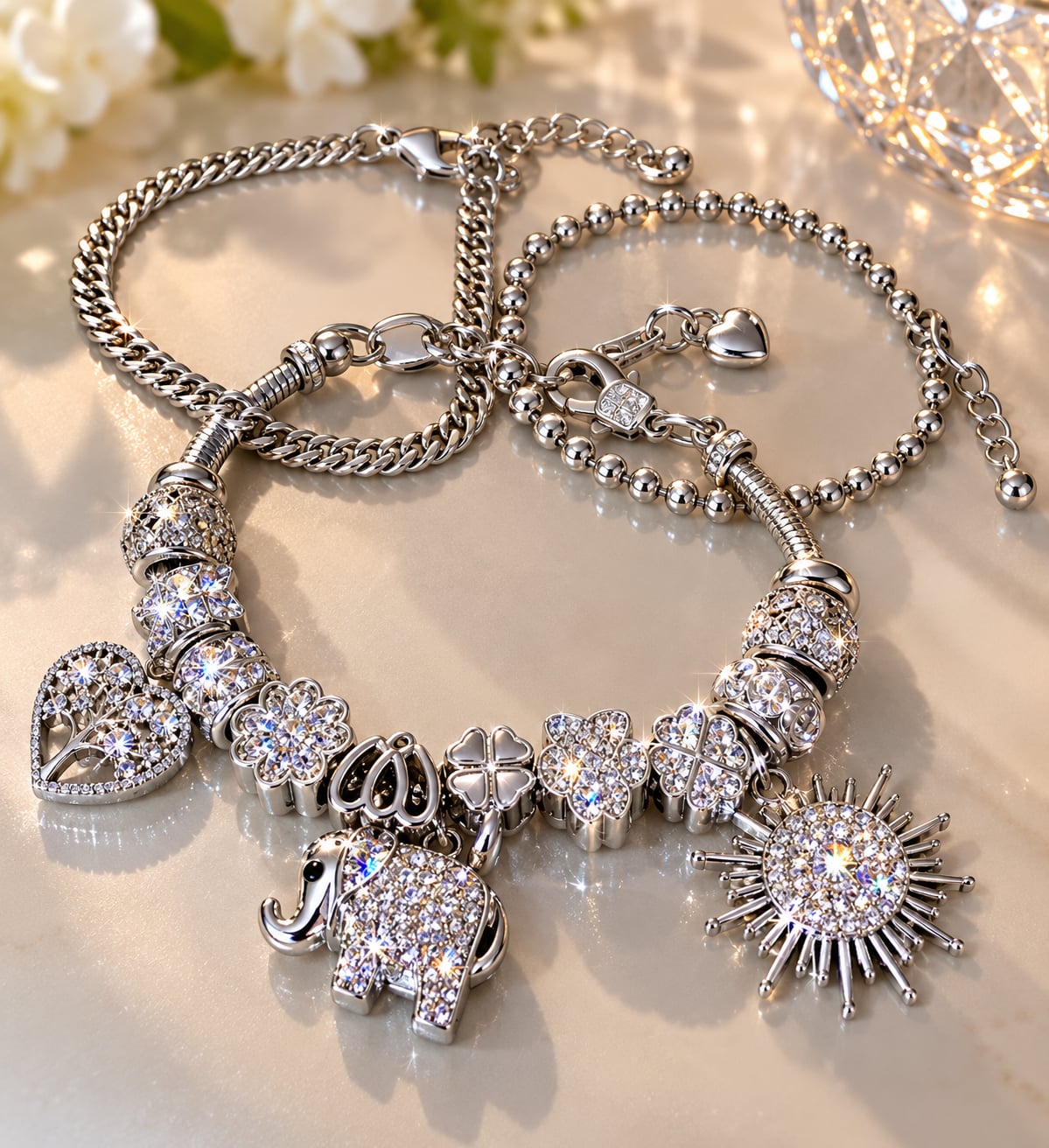 Tree of Life Elephant Crystal 3 Piece Bracelet Set 1