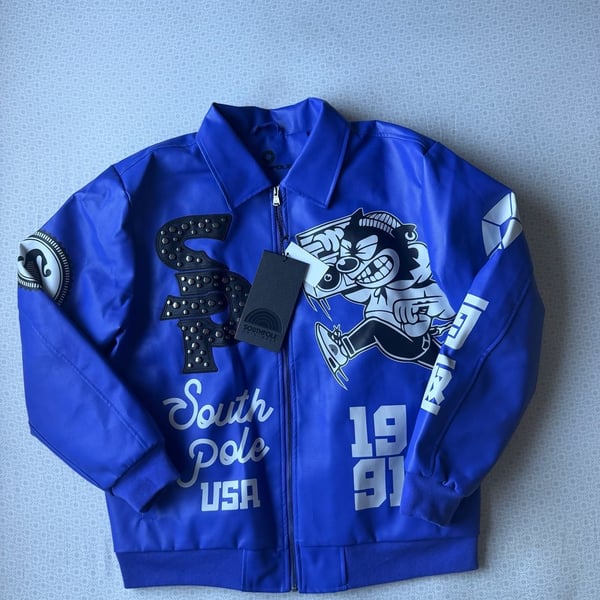 Southpole Midnight Riot Faux Leather Varsity Jacket Royal