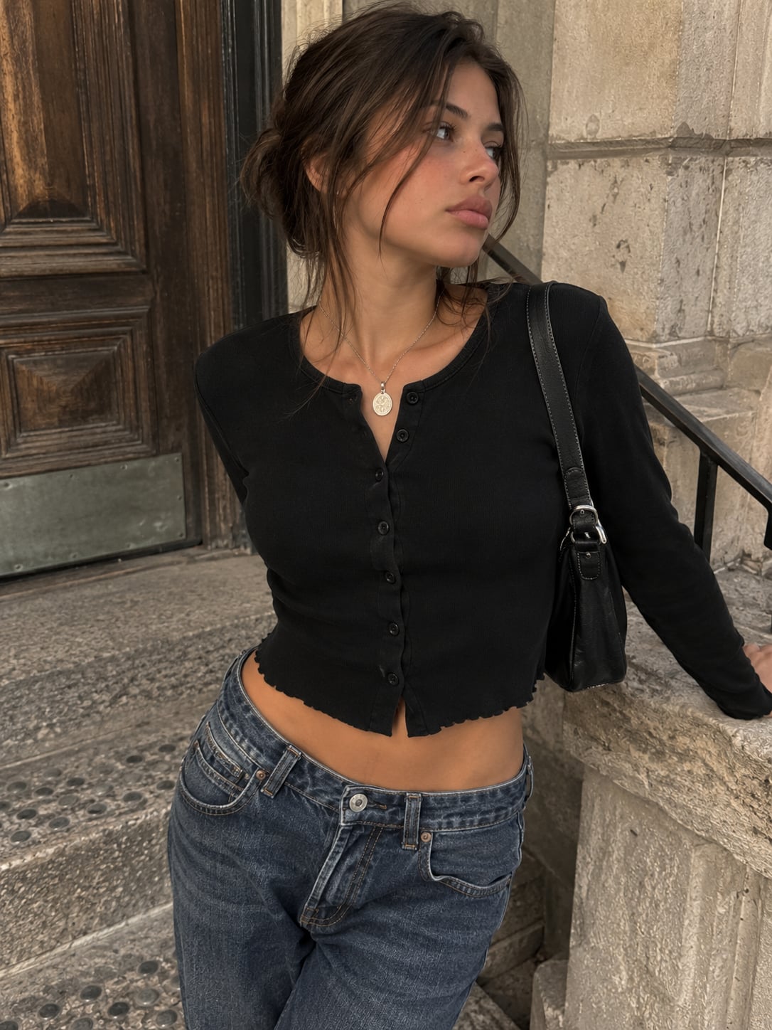 Brandy Melville Black Cropped Button Front Cardigan Long Sleeve S/M 3