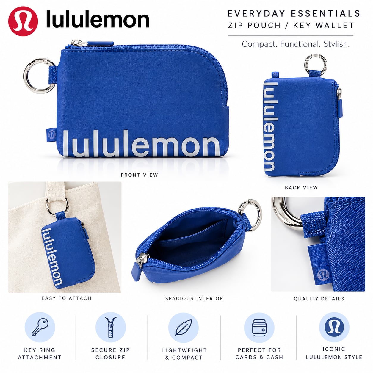 lululemon Everyday Essentials Zip Pouch Key Wallet Blue NWT 2