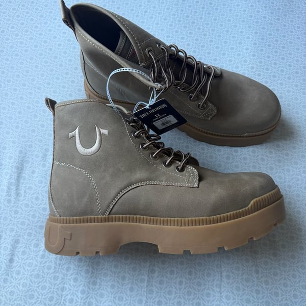 True Religion Jackson DD Taupe Faux Suede Lace-Up Boots Size 12