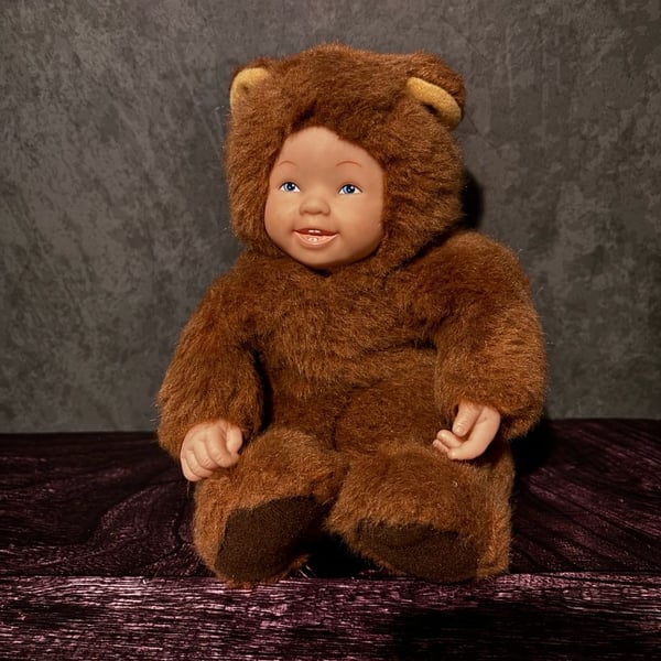 Anne Geddes Baby Bear Doll Plush Brown Bear Blue Eyes Vintage 1997
