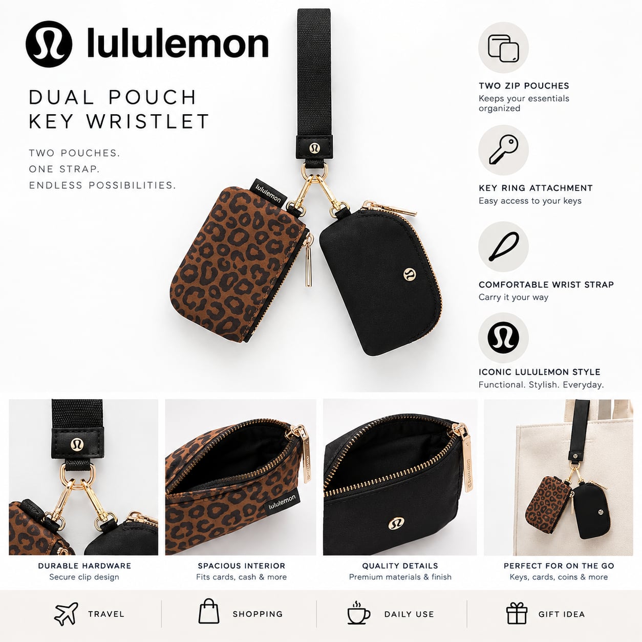 Lululemon Dual Pouch Key Wristlet Black Leopard NWT 1
