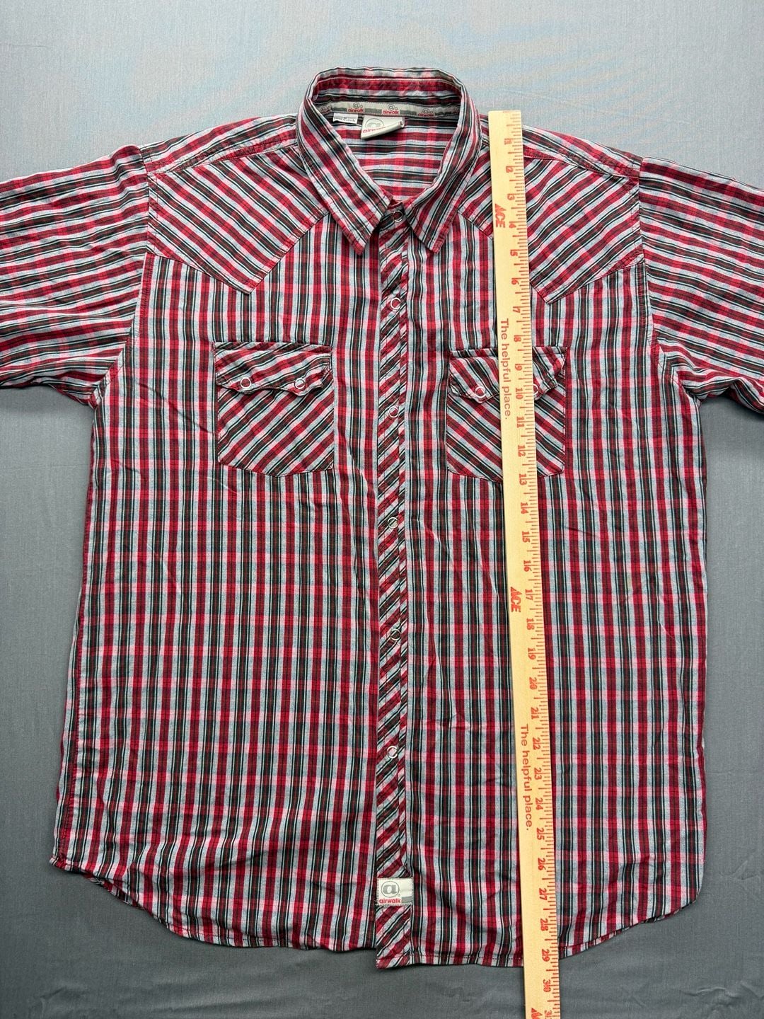 Airwalk Western Shirt Size M Red Plaid Pearl Snap Short Sleeve 5