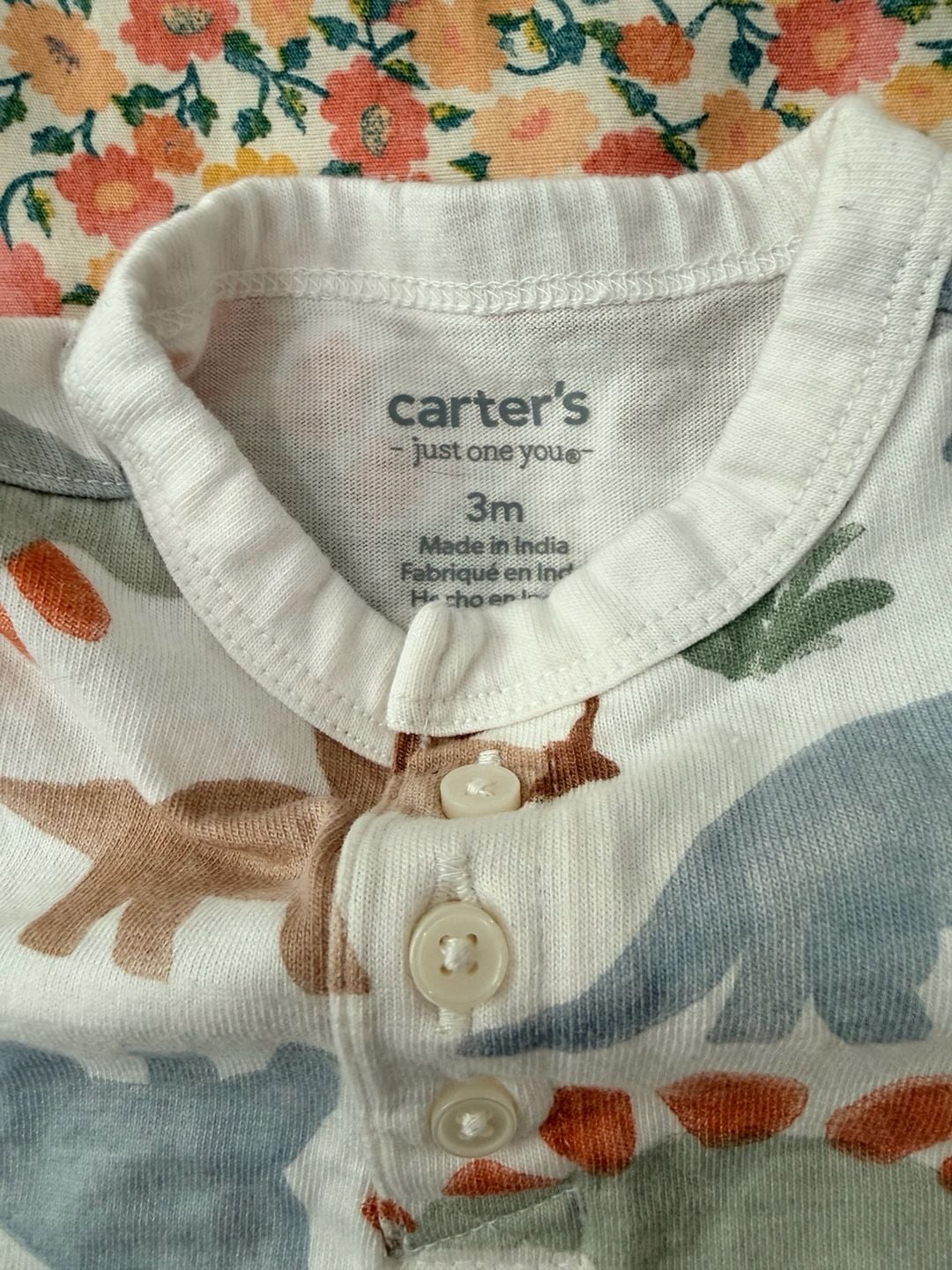Carter's Baby Boy Dinosaur Print Romper Size 3M White Long Sleeve One-Piece 2