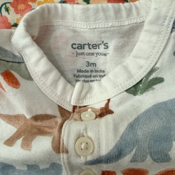 Carter's Baby Boy Dinosaur Print Romper Size 3M White Long Sleeve One-Piece