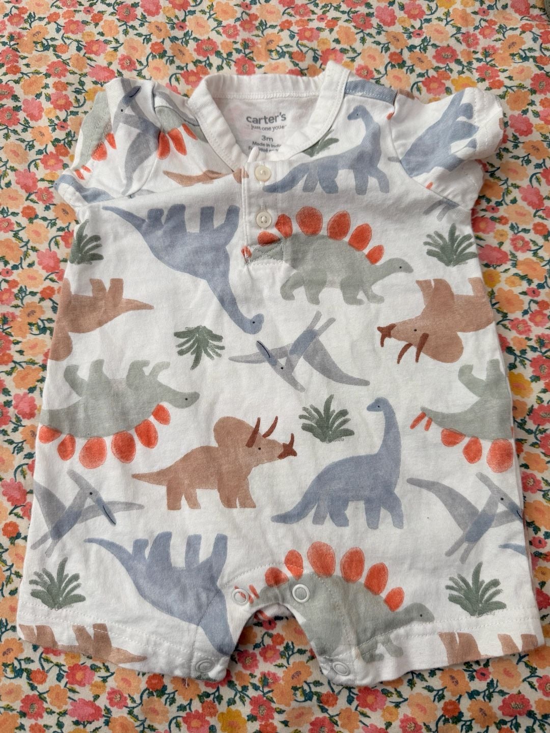 Carter's Baby Boy Dinosaur Print Romper Size 3M White Long Sleeve One-Piece 3