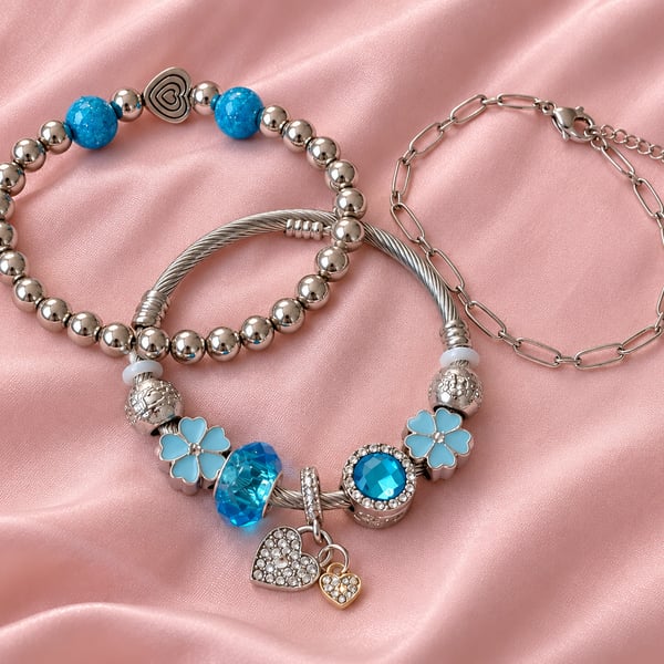3Piece Blue Crystal Charm Bracelet Set with Silver Beads and Heart Charms