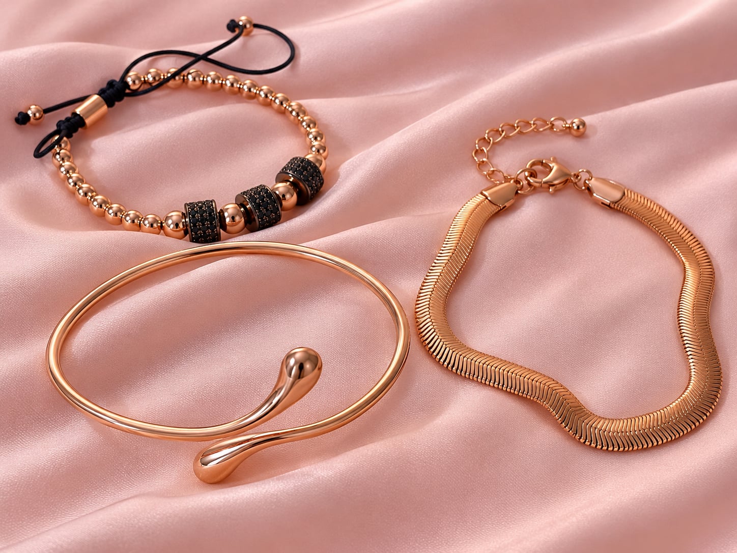 Rose Gold Bypass, Shambala andHerringbone Chain Bracelet Set of 3 1