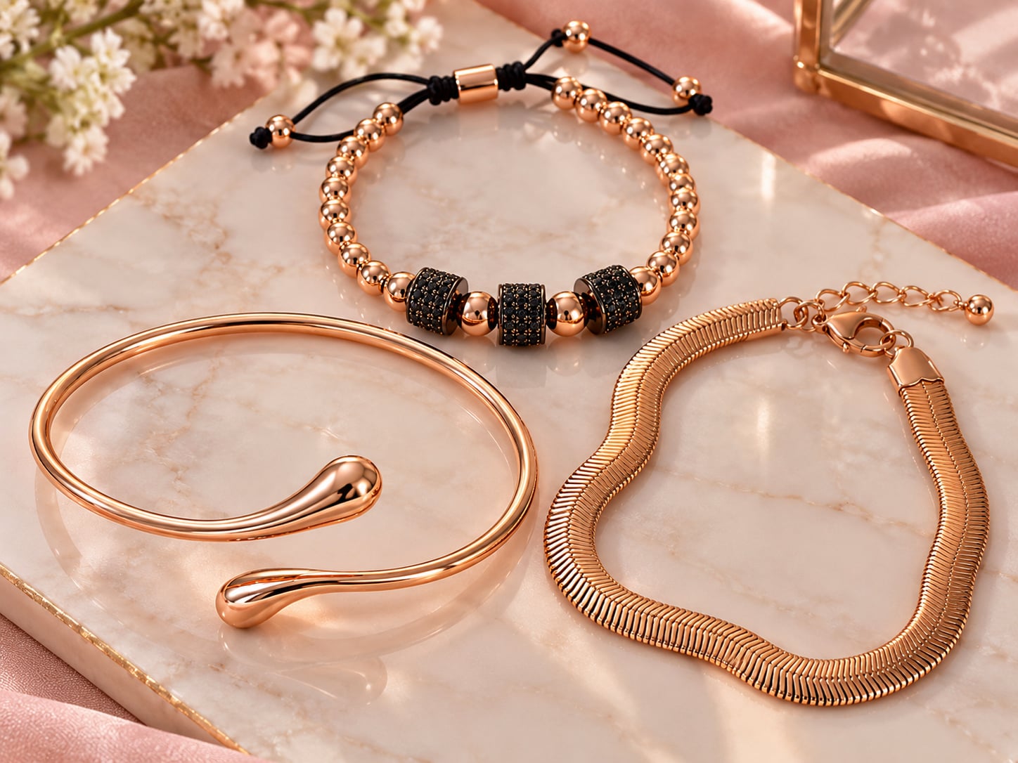 Rose Gold Bypass, Shambala andHerringbone Chain Bracelet Set of 3 2