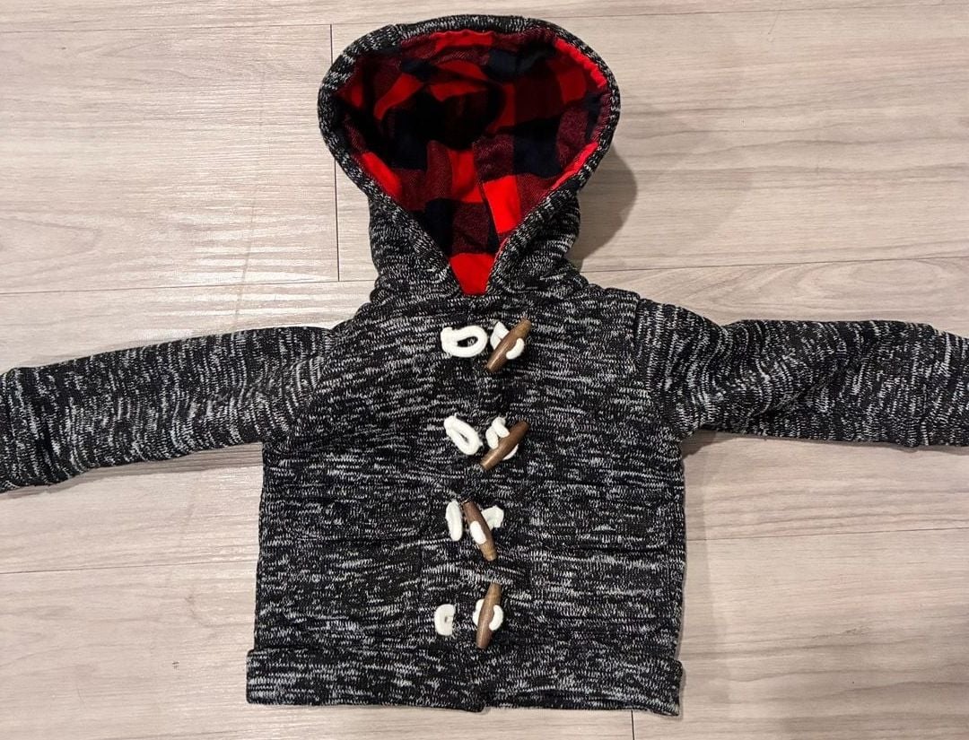 Carter's Toggle Hoodie Size 12M Black Gray Fleece Red Buffalo Plaid 2
