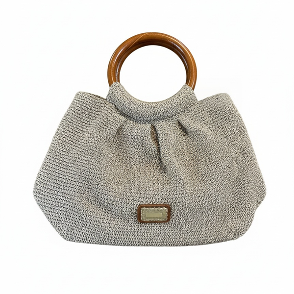 Elka Accessories Crochet Straw Bag with Wooden Handle and Metal Clasp