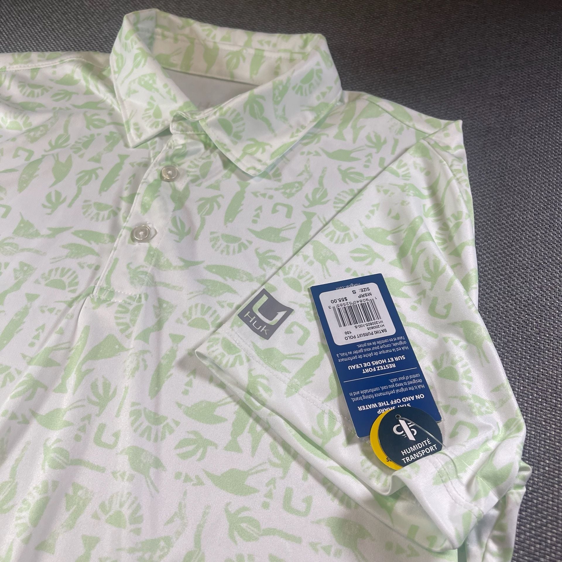 Huk Batiki Pursuit Polo Size S Green White Fish Graphic Golf Shirt New With Tags 7