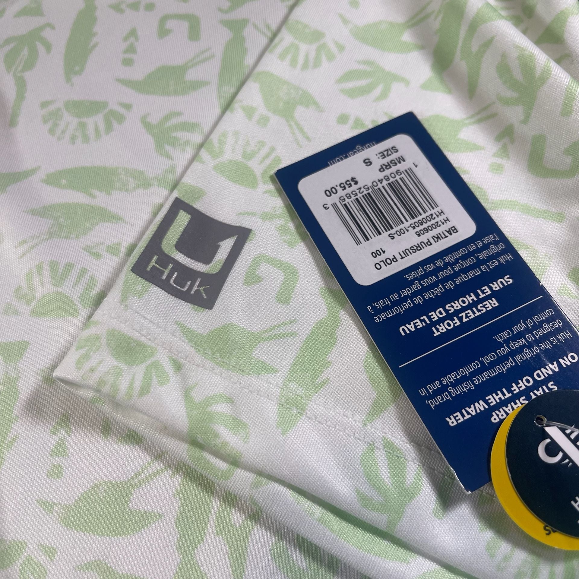 Huk Batiki Pursuit Polo Size S Green White Fish Graphic Golf Shirt New With Tags 8