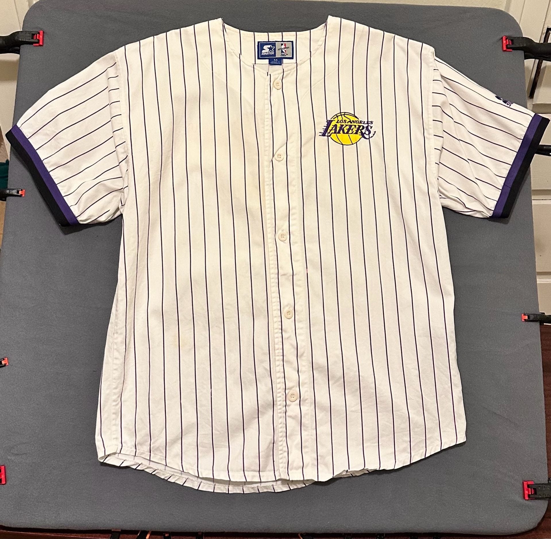 Starter Los Angeles Lakers Pinstripe Baseball Jersey Size M White Purple 2