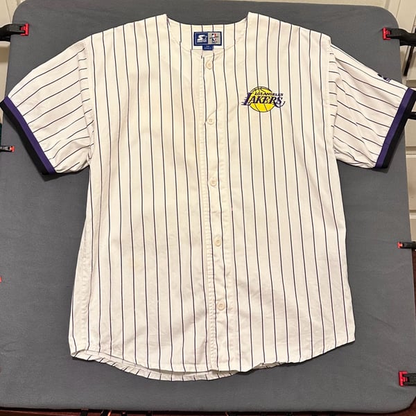 Starter Los Angeles Lakers Pinstripe Baseball Jersey Size M White Purple