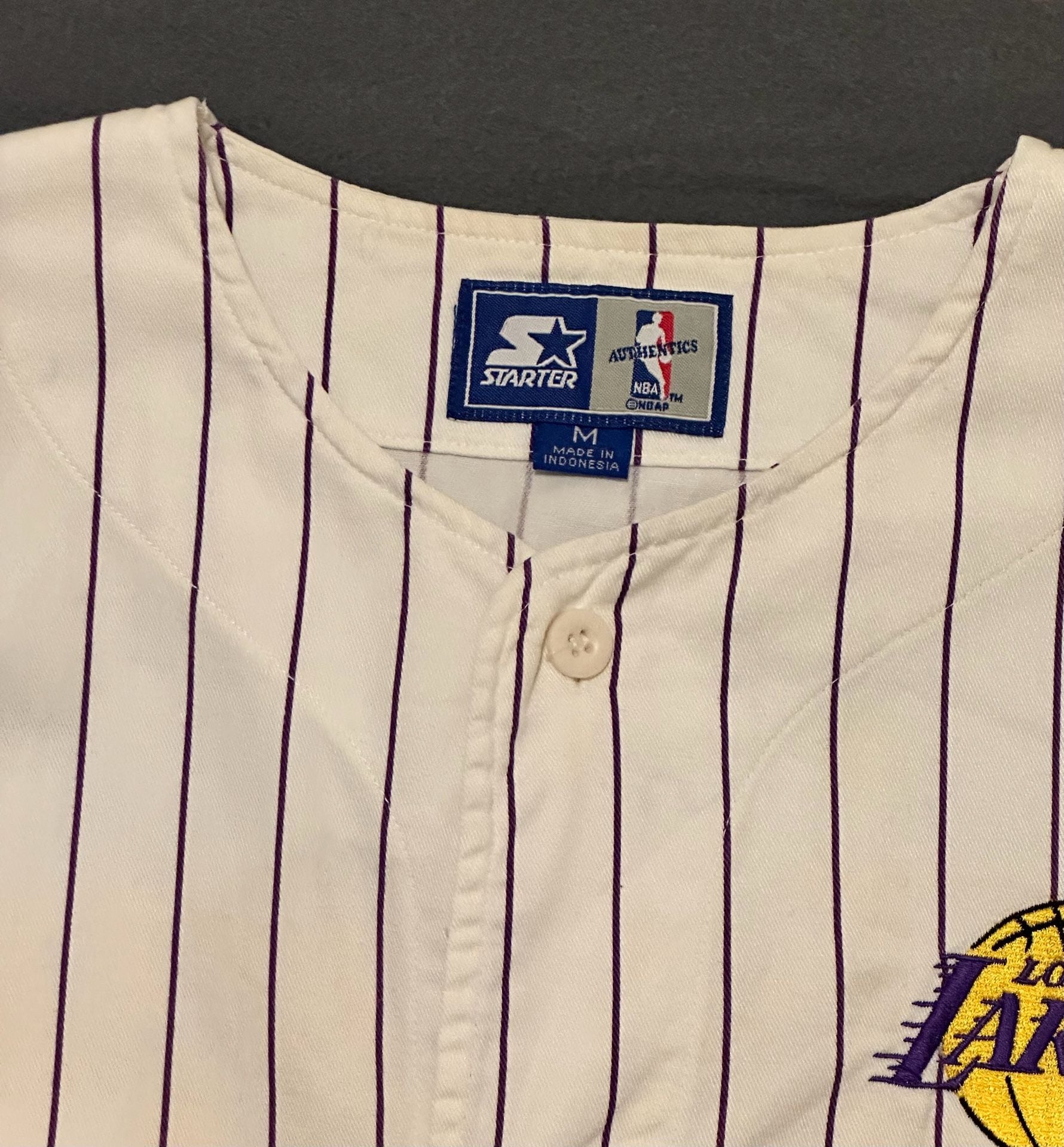 Starter Los Angeles Lakers Pinstripe Baseball Jersey Size M White Purple 3