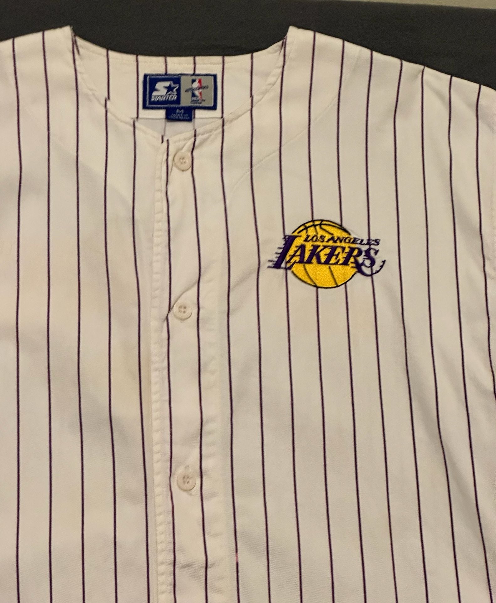 Starter Los Angeles Lakers Pinstripe Baseball Jersey Size M White Purple 4