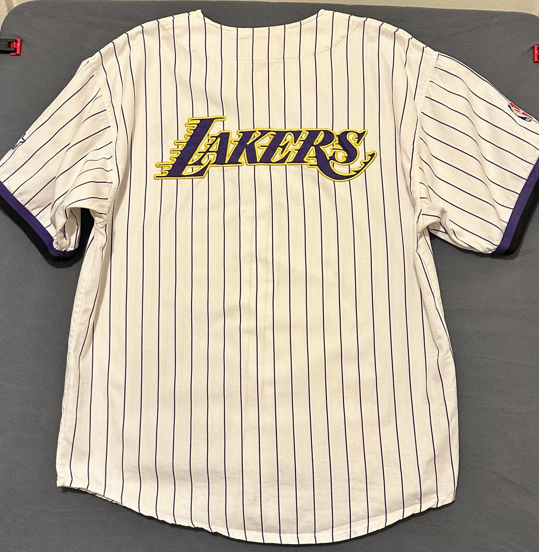 Starter Los Angeles Lakers Pinstripe Baseball Jersey Size M White Purple 5