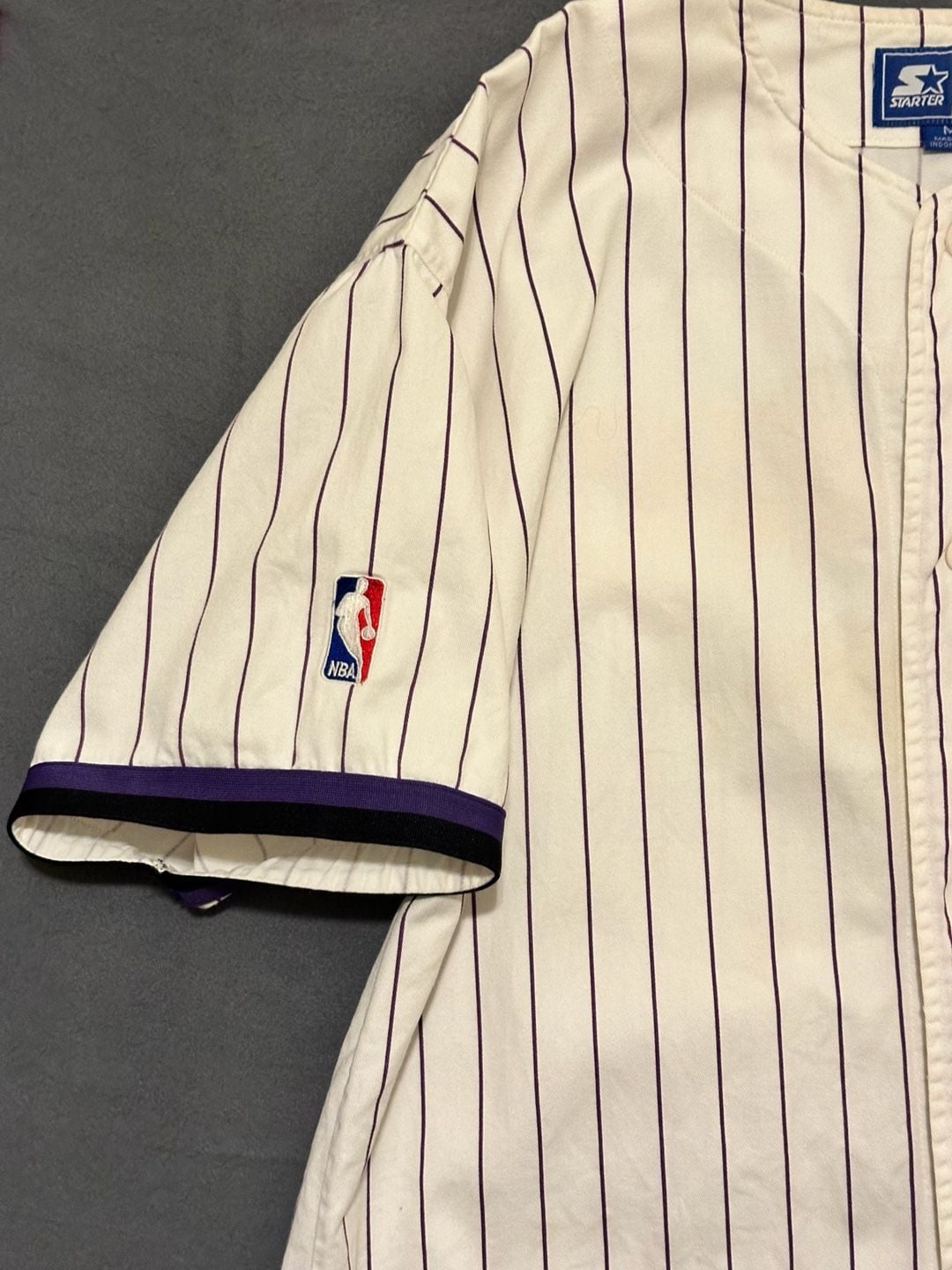 Starter Los Angeles Lakers Pinstripe Baseball Jersey Size M White Purple 6