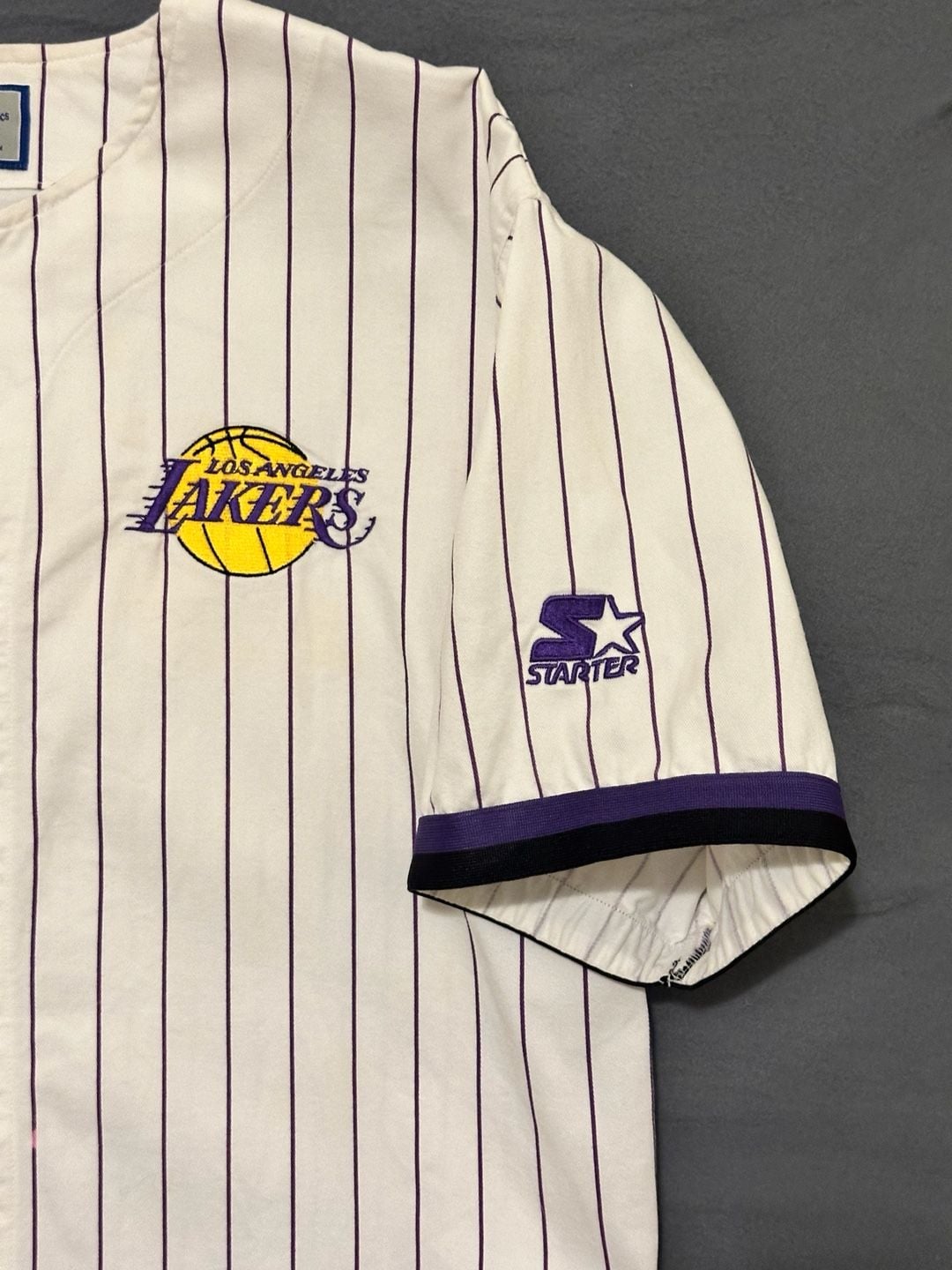 Starter Los Angeles Lakers Pinstripe Baseball Jersey Size M White Purple 7